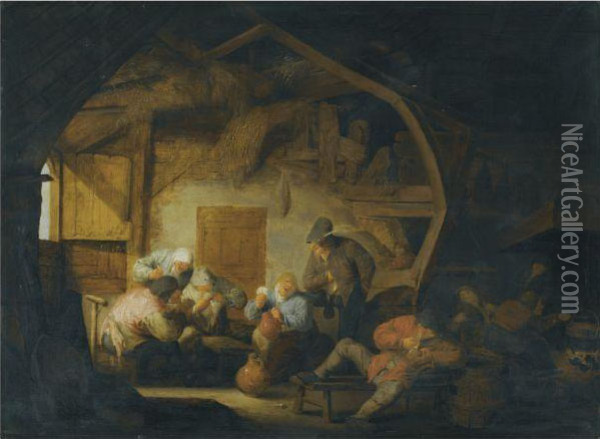 The Interior Of A Barn With Peasants Playing Cards Around Astool Oil Painting - Adriaen Jansz. Van Ostade