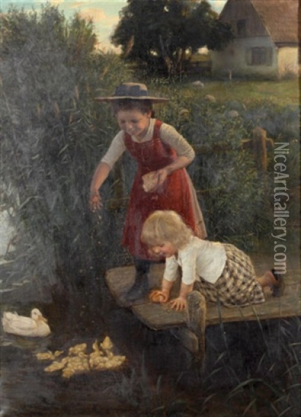 Kinder Am Steg Beim Futtern Von Enten Oil Painting - Carl Von Bergen