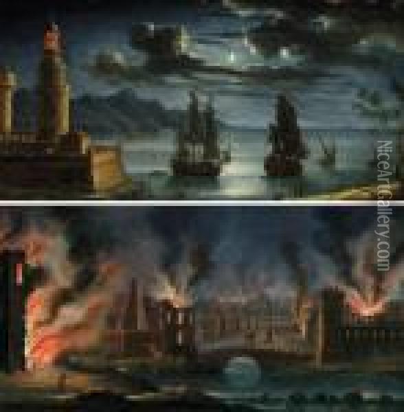 La Caduta Di Troia; Scena Notturna Portuale Con Faro Oil Painting - Orazio Grevenbroeck
