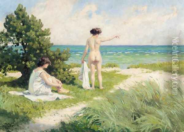 Bathers Resting on Sand Dunes (Solbadende i klitterne) Oil Painting - Paul-Gustave Fischer