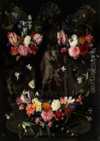 Der Heilige Joseph Mit Dem Jesuskind Und Dem Johannesknaben, Umgeben Von Blumenranken Oil Painting - Daniel Seghers
