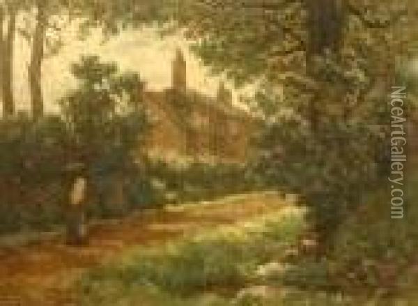 Wooded Lane With Cottage And Woman Oil Painting - Elias Mollineaux Bancroft