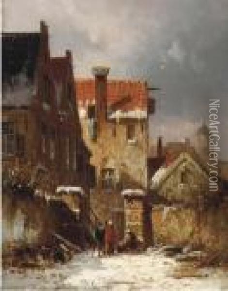 Figures Conversing In A Dutch Town In Winter Oil Painting - Adrianus Eversen