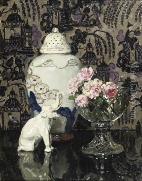 Still Life With Porcelain Elephant And Roses In A Glass Bowl Oil Painting - Jules-Alexandre Grun