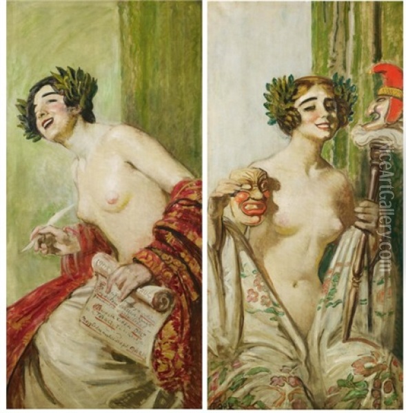Le Masque (+ La Lettre; Pair) Oil Painting - Lajos Mark