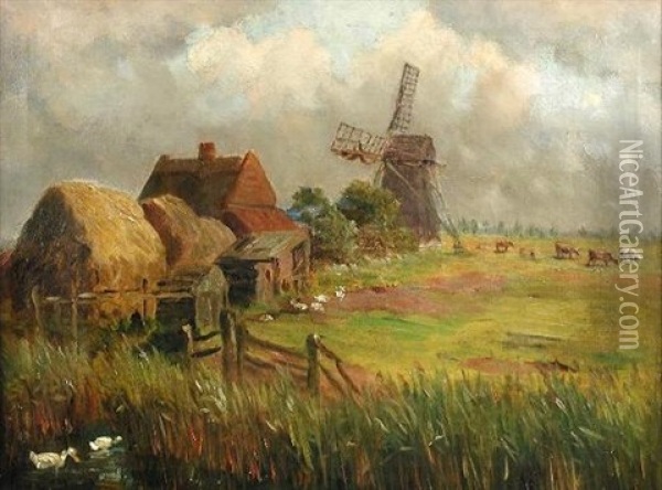 A Marsh Farmstead, Tunstall, Norfolk Oil Painting - William Leslie Rackham