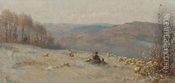 A shepherd and his flock on a hill side Oil Painting - Anthonie Jacobus van Wyngaerdt