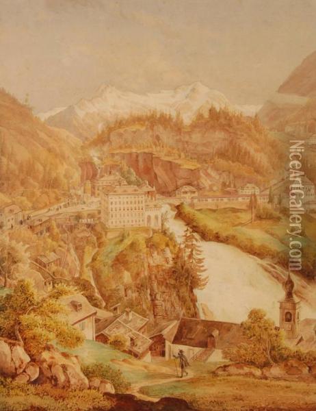 View Overan Alpine Town Bad Gastien Oil Painting - Emil Lohr