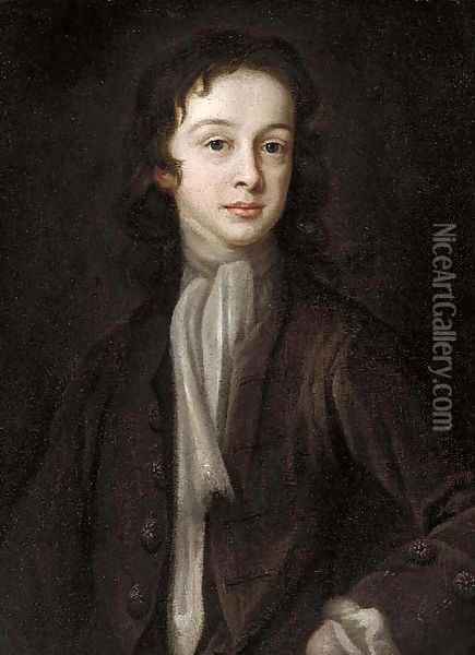 Portrait of a boy, half-length, in a brown jacket and white cravat Oil Painting - English School