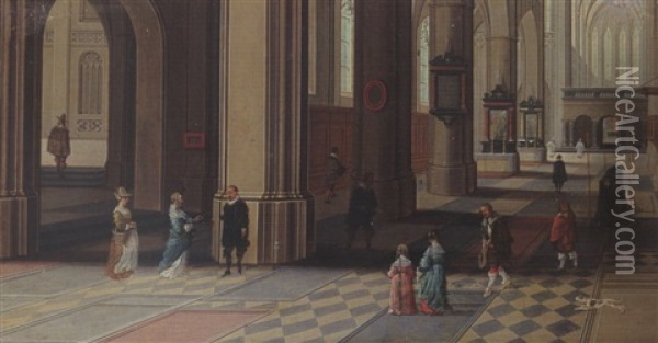 A Church Interior With Elegant Figures And A Dog In The Foreground Oil Painting - Peeter Neeffs the Younger