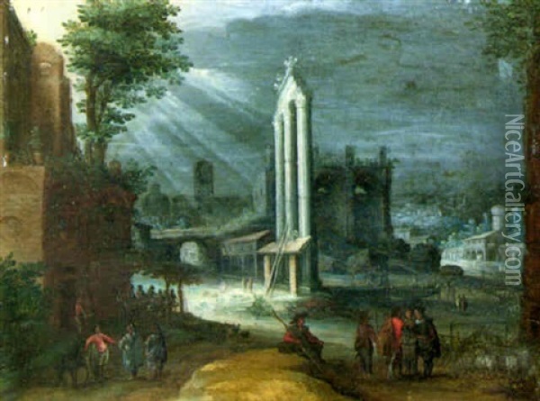A Capriccio Of The Campo Vaccino,rome, With Shepherds Conversing Oil Painting - Paul Bril