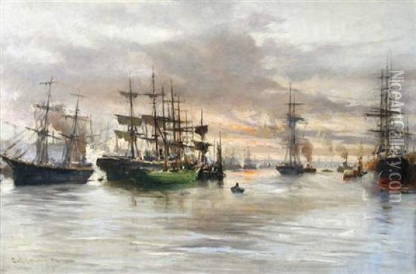 Sailing Ships In Harbor At Sunset Oil Painting - Charles James Lauder