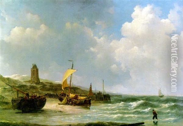 Fishing Boats At Low Tide Oil Painting - Johannes Christiaan Schotel