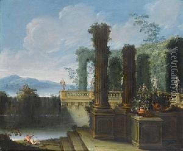 A Capriccio Of A Palace Garden 
With Elegant Figures At A Balustrade Decorated With Antique Statues Oil Painting - Pierre-Antoine Patel