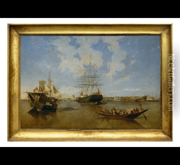 Shipping On The Hoogly River, Calcutta Oil Painting - Jules Schaumburg