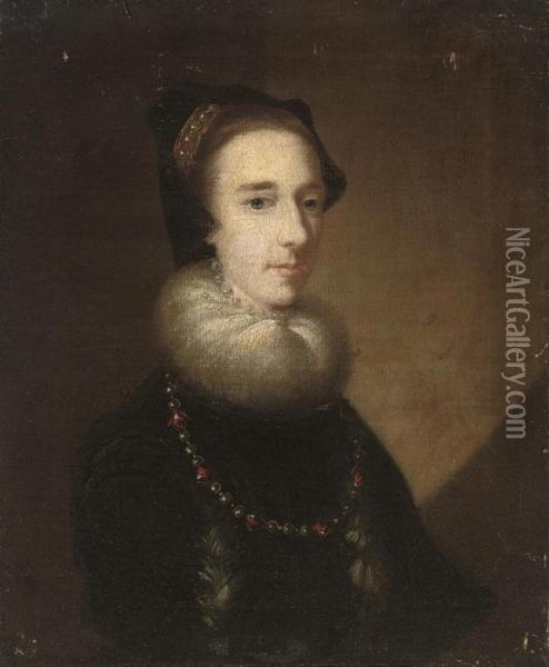 Portrait Of A Lady, Half-length, In Masquerade Costume As Anneboleyn Oil Painting - Joseph Highmore