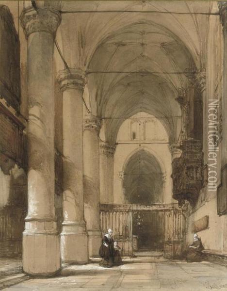 A Sunlit Church Interior Oil Painting - Johannes Bosboom