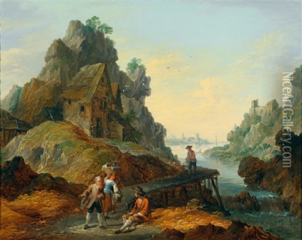Eine Flusslandschaft Mit Anglern Oil Painting - Mathias De Visch