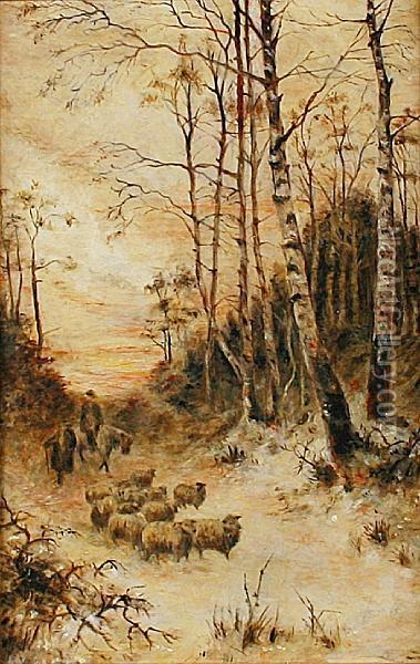 Shepherds And Sheep In A Snowy Wood Oil Painting - David Farquharson