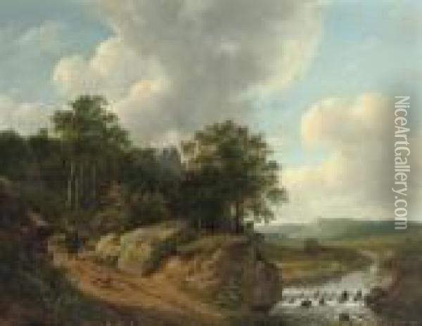 An Extensive Landscape With A Traveller Approaching A Stream Oil Painting - Andreas Schelfhout