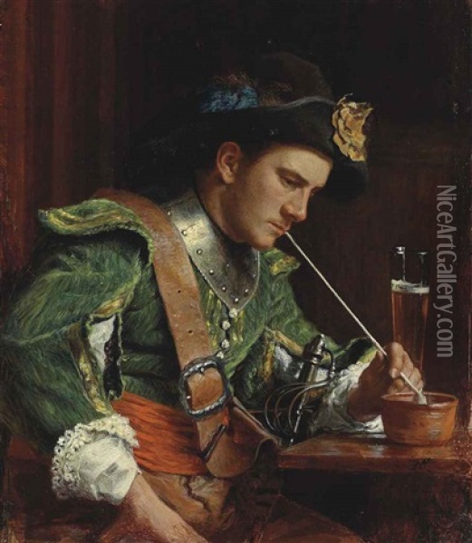 A Soldier Smoking A Pipe In An Interior Oil Painting - Ernest Meissonier