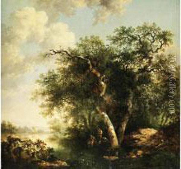 Landschaft Mit Hohen Baumen Am Flussufer Mitfigurenstaffage Oil Painting - Barend Cornelis Koekkoek
