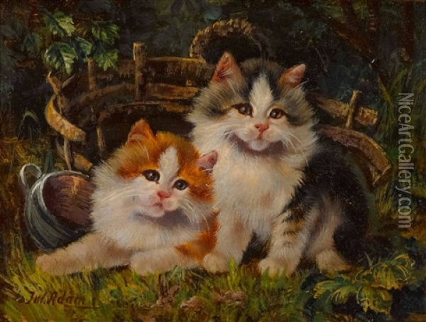Zwei Katzchen Vor Einem Korb In Der Wiese Oil Painting - Julius Adam the Younger