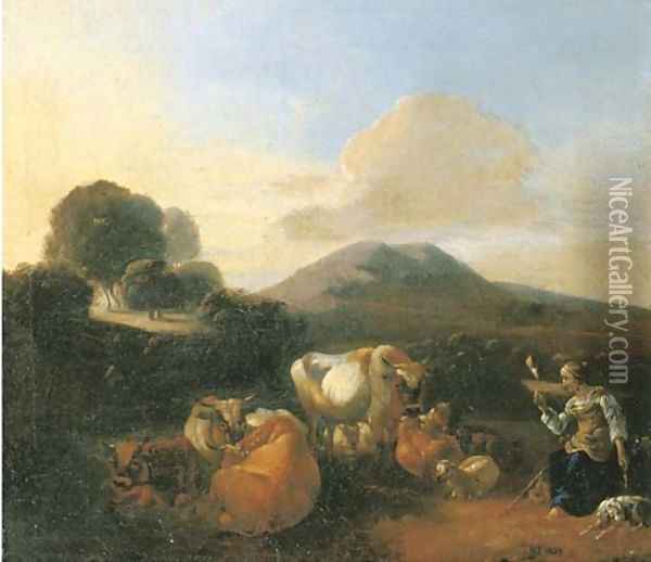 An Italianate landscape with shepherds with goats, sheep and cattle resting by a river Oil Painting - Willem Romeyn