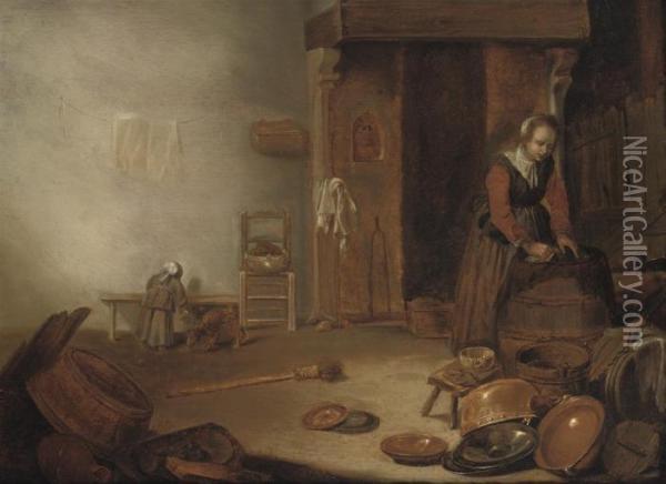 A Kitchen Interior With A Maid Cleaning Oil Painting - Cornelis Saftleven