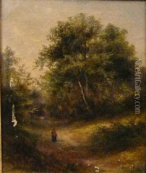 Figure On A Woodland Pathway Oil Painting - Adam Barland