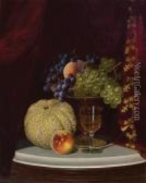 Fruit And Wine Glass On A Table Top Oil Painting - William Mason Brown