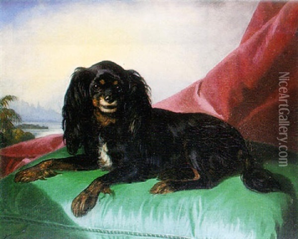 A King Charles Spaniel On A Green Cushion, A Landscape Beyond Oil Painting - Ferdinand Krumholz