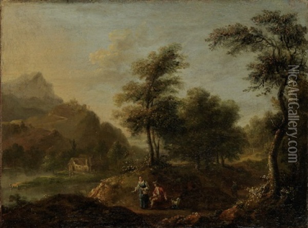 Junges Schaferpaar An Einer Waldlichtung Sitzend Oil Painting - Adriaen Frans Boudewyns the Elder