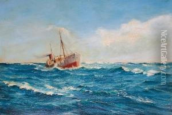 Trawler At Sea In A Swell Oil Painting - Edwin Harris