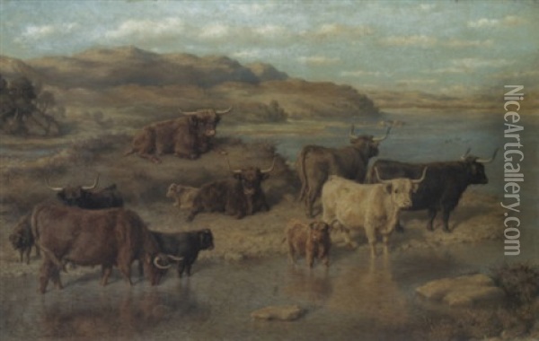Highland Cattle By Loch Striven, Strathclyde Oil Painting - David George Steell