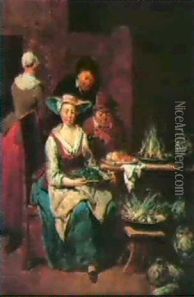 Scenes D'interieur De Cuisine Avec Personnages Oil Painting - Jan Baptist Lambrechts