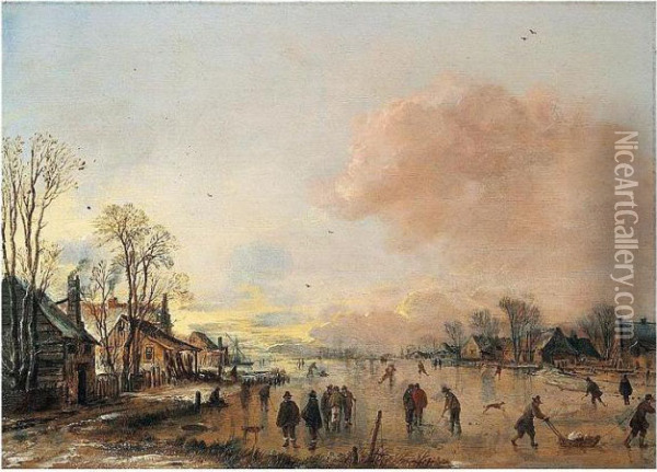 A Village In Winter With Skaters On A Frozen River Oil Painting - Aert van der Neer