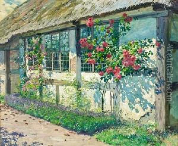 Bluming Roses Outside A Cottage Oil Painting - Robert Panitzsch