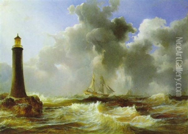 Sturmische See Mit Segelschiffen In Der Nahe Eines Leuchtturmes Oil Painting - Wilhelm August Leopold Christian Krause