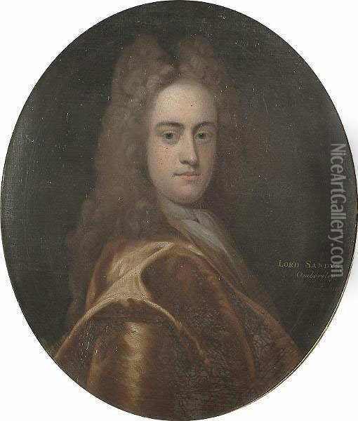 Portrait, Bust Length Of Lord Sandys, Wearing A Gold Coat Oil Painting - Michael Dahl