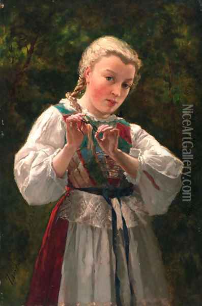 A young girl braiding her hair Oil Painting - Theodore Gerard