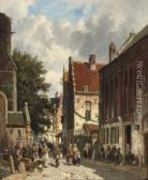 A Busy Market In A Sunny Dutch Town Oil Painting - Adrianus Eversen