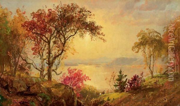 Lake Scene With Hikers In Vale Oil Painting - Jasper Francis Cropsey