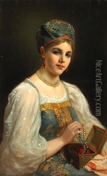 A Young Woman Holding A Jewelery Box Oil Painting - Konstantin Egorovich Egorovich Makovsky
