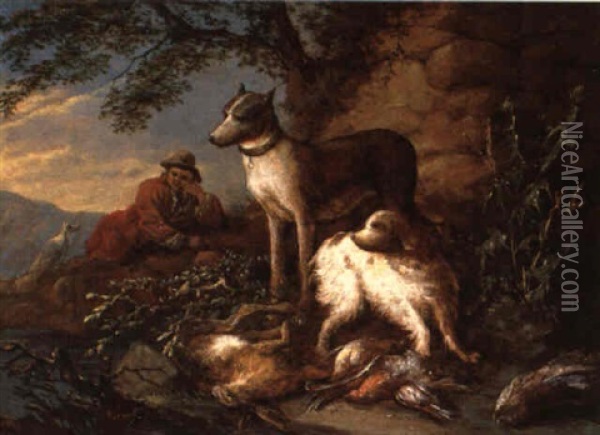 Rastender Jager Mit Hunden Und Jagdbeute Oil Painting - Adriaen de Gryef