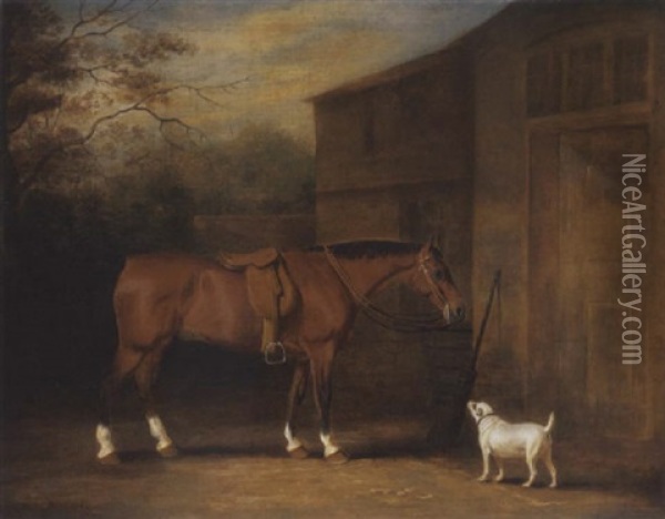A Bay Hunter And A Dog Outside A Stable Oil Painting - John E. Ferneley
