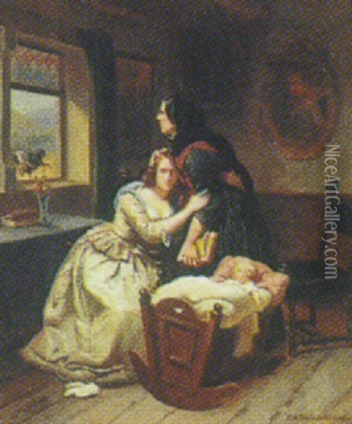 Afskeden, Interior Med To Kvinder Ved Vugge Oil Painting - Carl Wilhelm Huebner