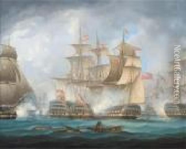 'nelson's Patent Bridge For Boarding First Rates' At The Battle Of Cape St. Vincent, 14 Oil Painting - Thomas Buttersworth