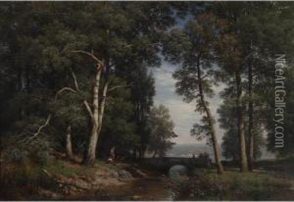 Girls Gathering By A River And Stone Bridge Oil Painting - Eduard Friedrich Pape
