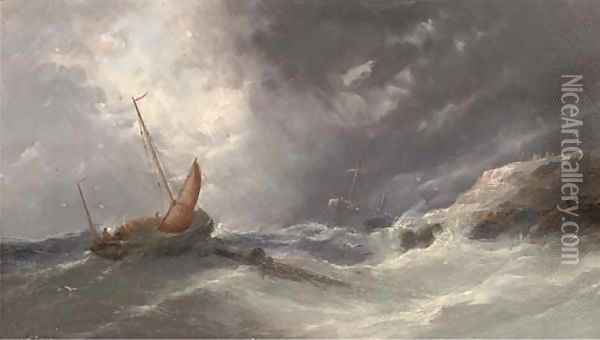 A fishing lugger in an onshore breeze with a wreck beyond Oil Painting - William Henry Williamson
